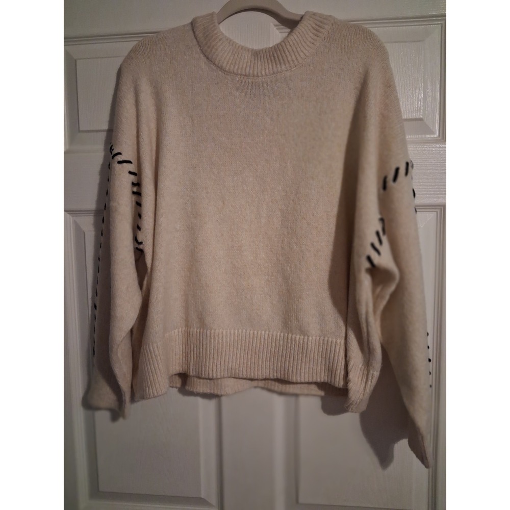 NWT Women Plus 2X Beige Cream Sweater Black Stitch Detail Long Sleeve Crewneck - Picture 4 of 11